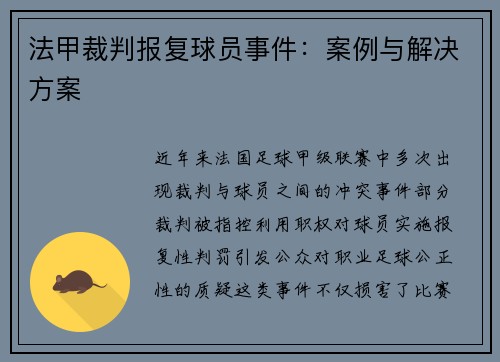 法甲裁判报复球员事件：案例与解决方案